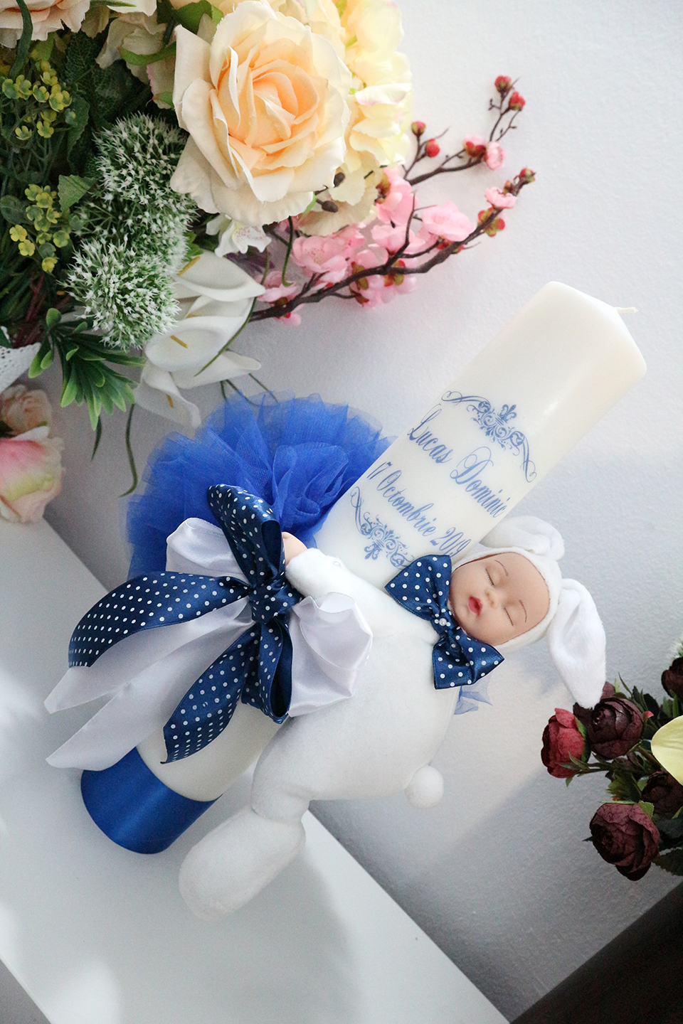 Miniatură: Lumanare de botez cu tulle si plus - Model 1