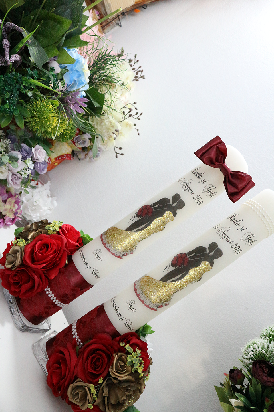 Miniatură: Lumanari de nunta cu flori artificiale - Model 15