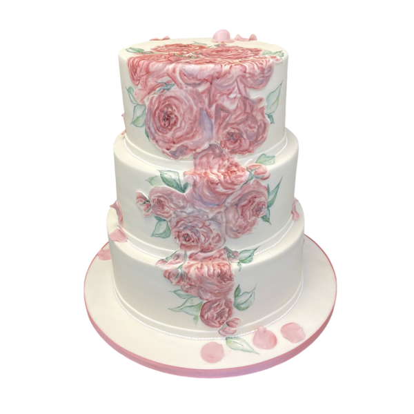Three-tiered wedding cake with pink sugar paste roses and hand-painted floral details.