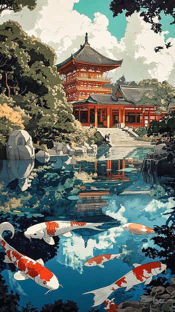Illustrated Japanese Temple with koi pond.
