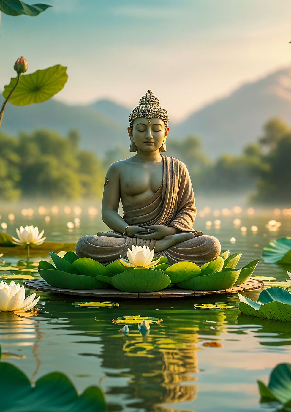 Buddha Sculpture floating on lotus leaves in a pond