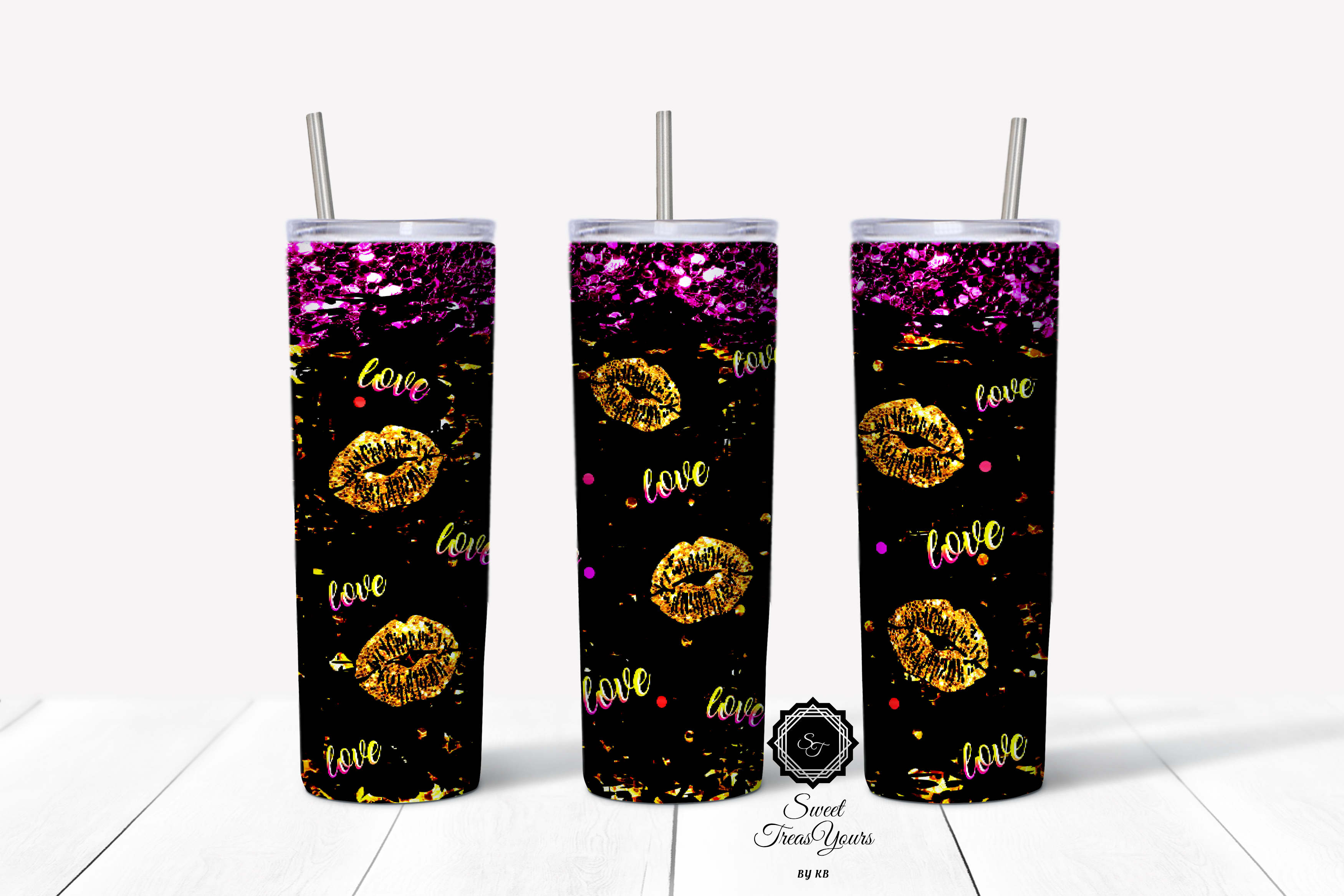 Valentine's Day Gold Lips Love Pink Glitter 20 or 30 oz Tumbler