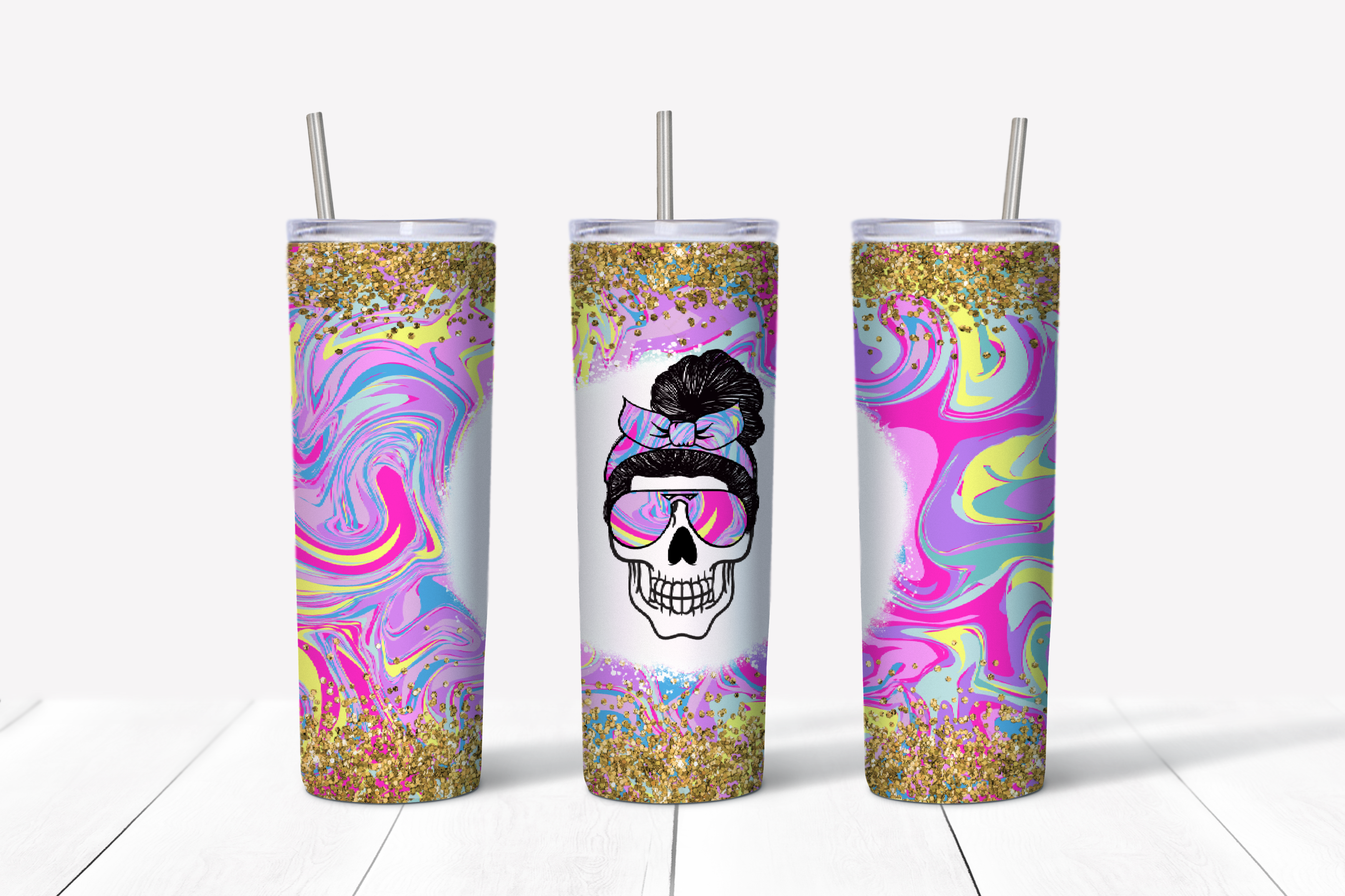 Customizable Swirl (C) Skull Face with High Bun and Glasses Skinny Tu