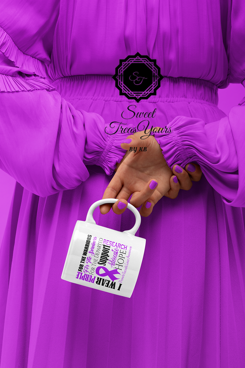 Thumbnail: African American Woman with Hands Behind Back Holding Mug I Wear Purple to Promote Pancreatic Cancer Awareness