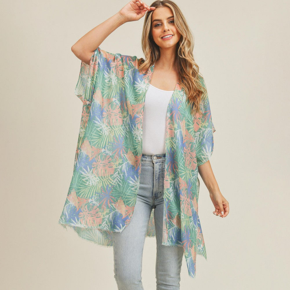 Lightweight Exotic Palm Leaf Kimono With Frayed Edges Green