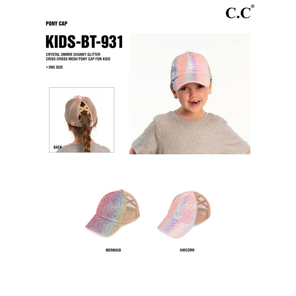 Thumbnail: Online Kids Boutique KIDS Ombre Glitter Criss-Cross High PonyTail Cap with Mesh Back Mermaid/Unicorn www.SweetTreasYours.com