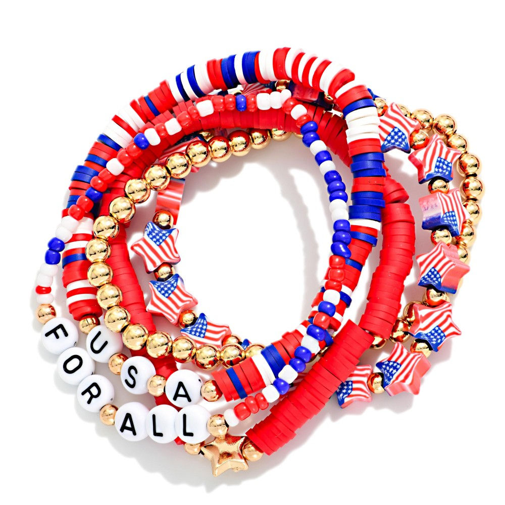 Set Of Five Beaded Americana Stretch Bracelets/Star American Flag & Heishi Beads