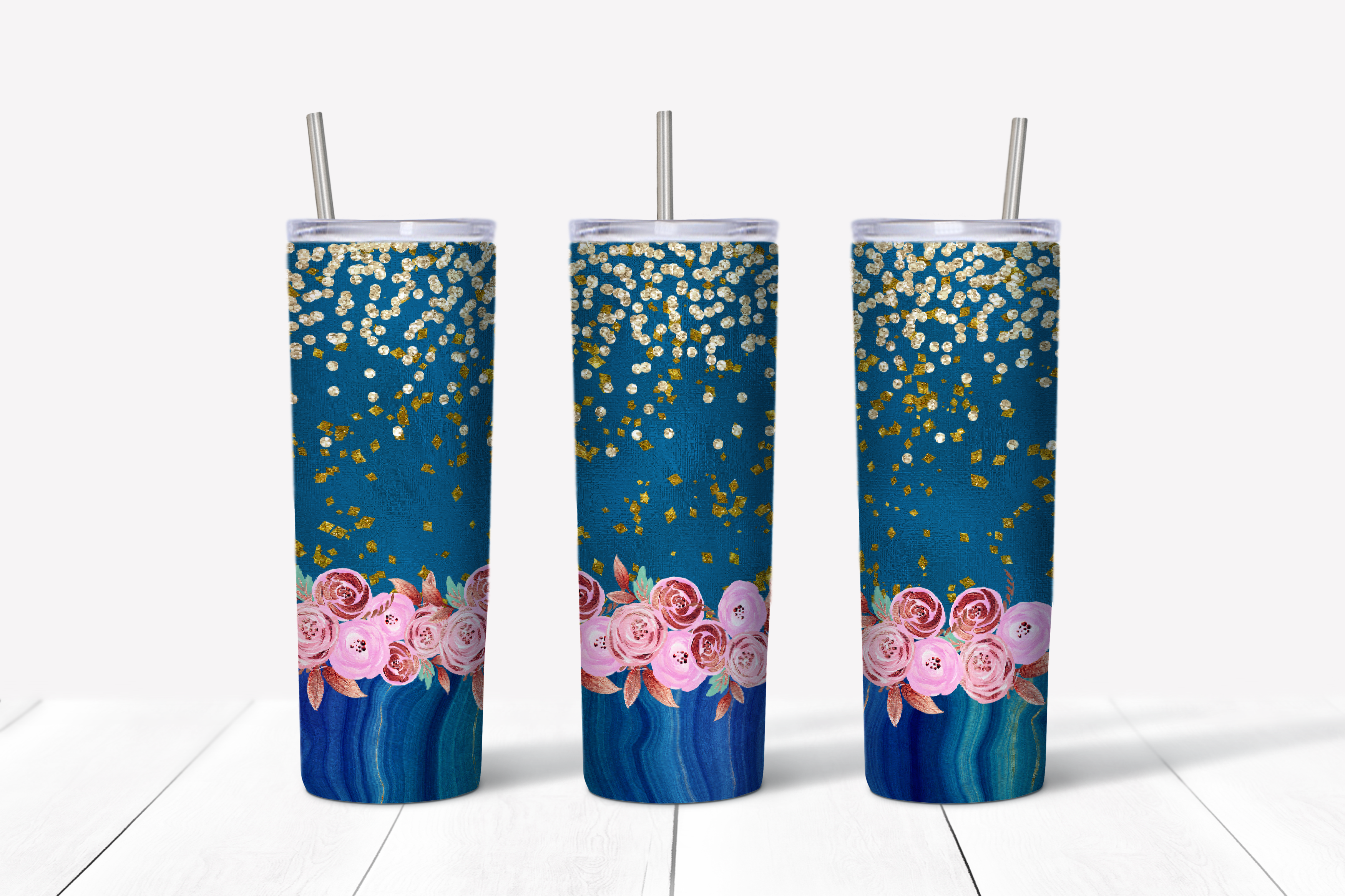 Customizable Navy Blue Swirl Gold Glitter Floral Skinny Tumbler