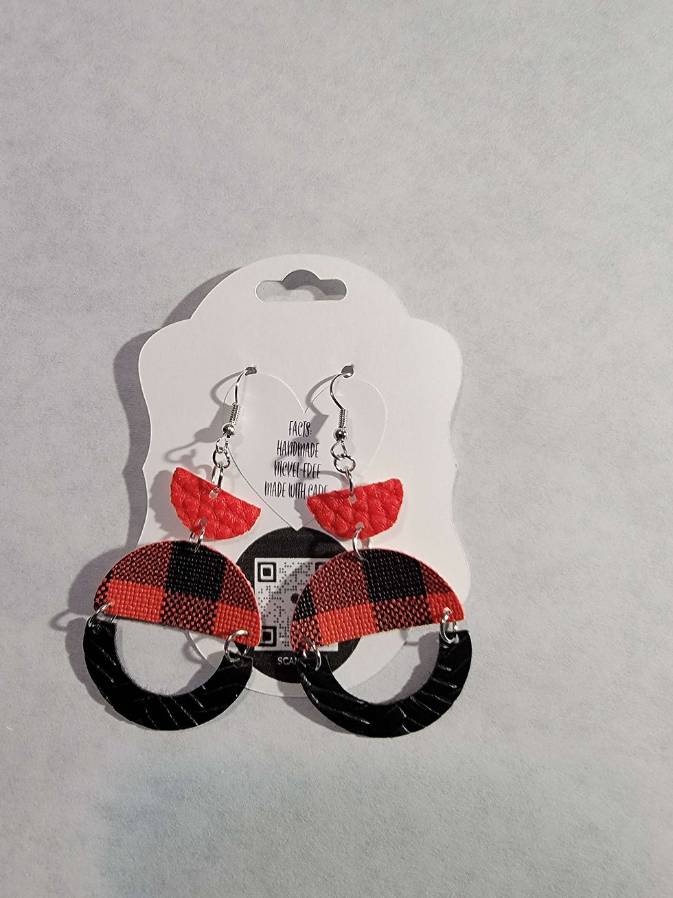 Black Textured, Black/Red Buffalo Plaid, Red 3- BackTier Faux Leather Earrings 2.0" Front