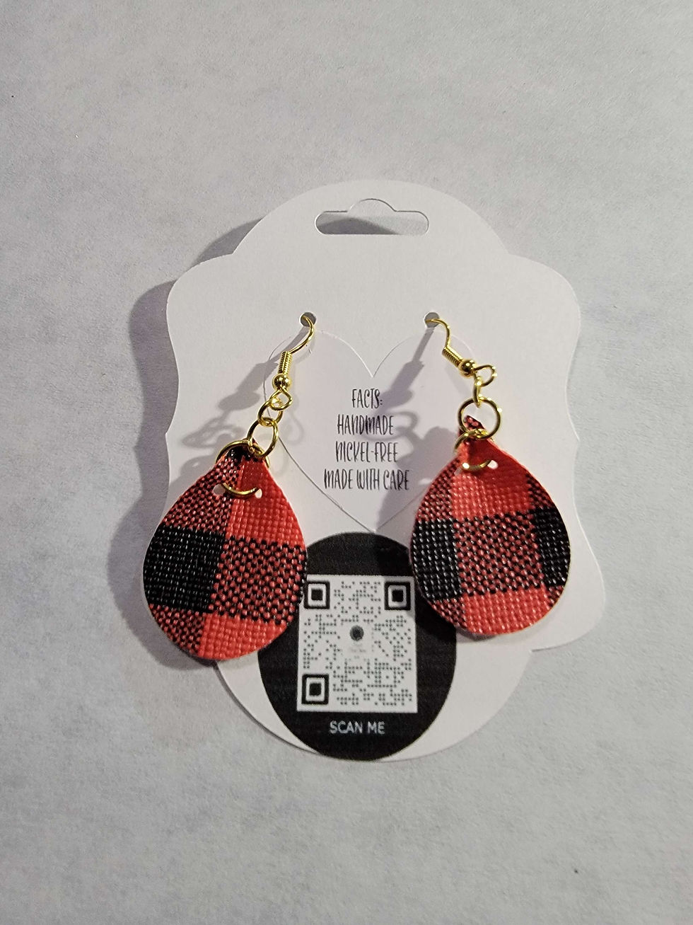 Black/Red Buffalo Plaid Faux Leather Earrings 1.5" Front
