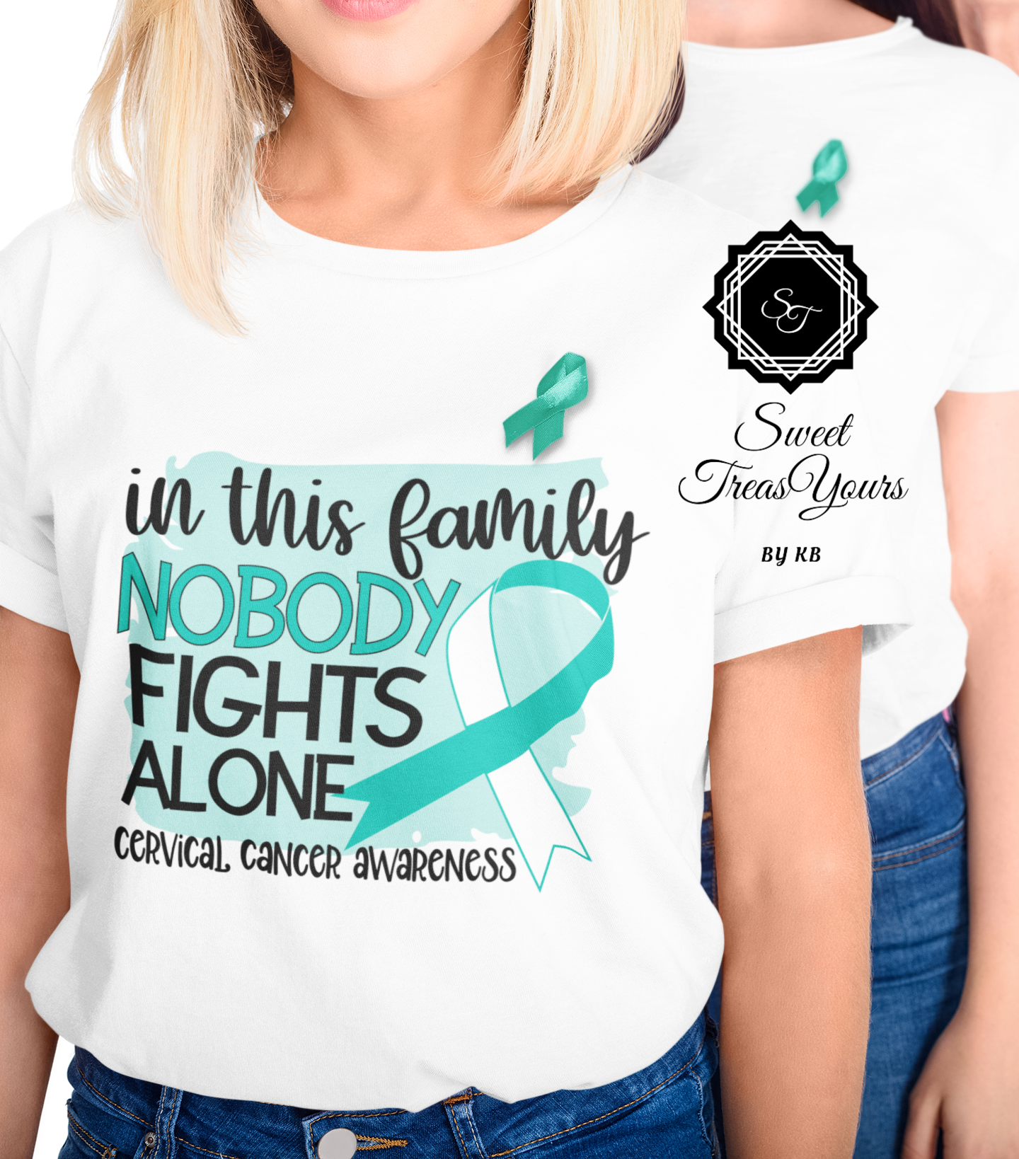 In This Family Nobody Fights Cancer Alone Cervical Cancer Awareness Sublimated Shirt