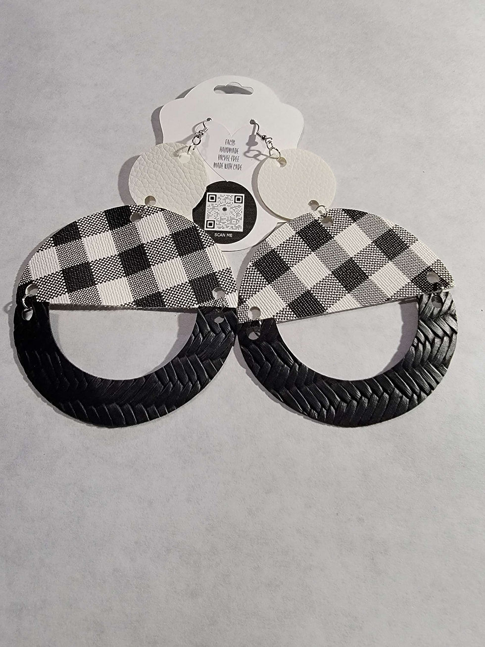 Black Textured, Black/White Buffalo Plaid, White 3-Tier Faux Leather Earrings 4" Front