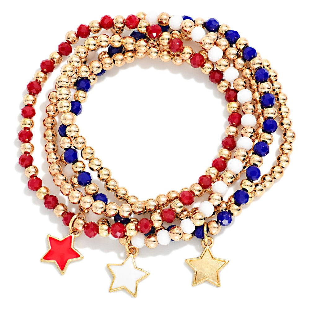 Set Of Five Beaded Americana Stretch Bracelets Featuring Enamel Star Charms
