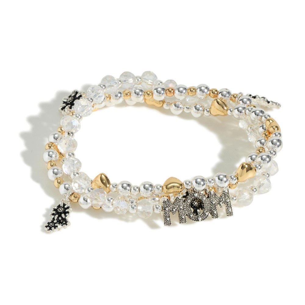 Set Of Three Beaded Stretchy Bracelets Featuring "Mom" Pendant & Flower Charm
