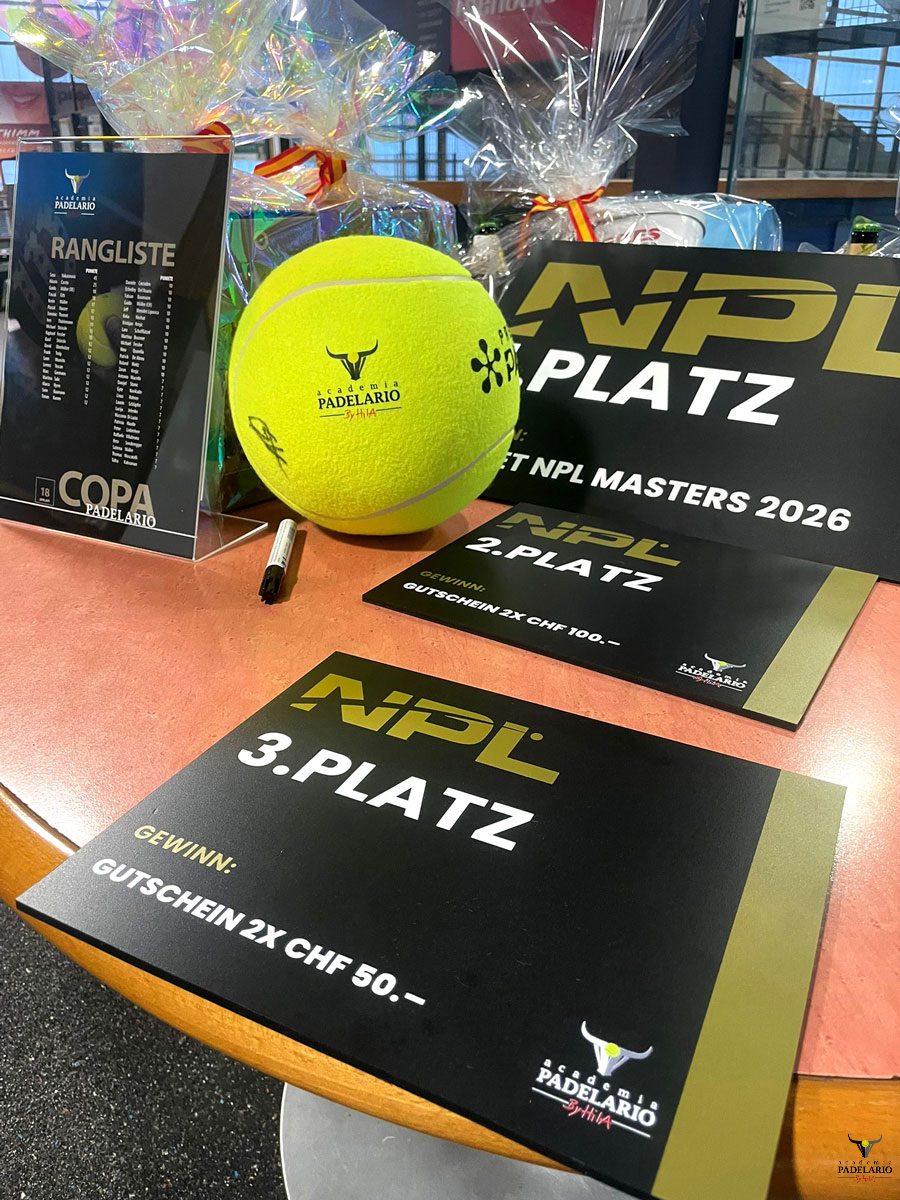 NPL MASTERS 2026 Auszeichnungen: Padelball, NPL 3.PLATZ, CHF 80 Gutschein.
