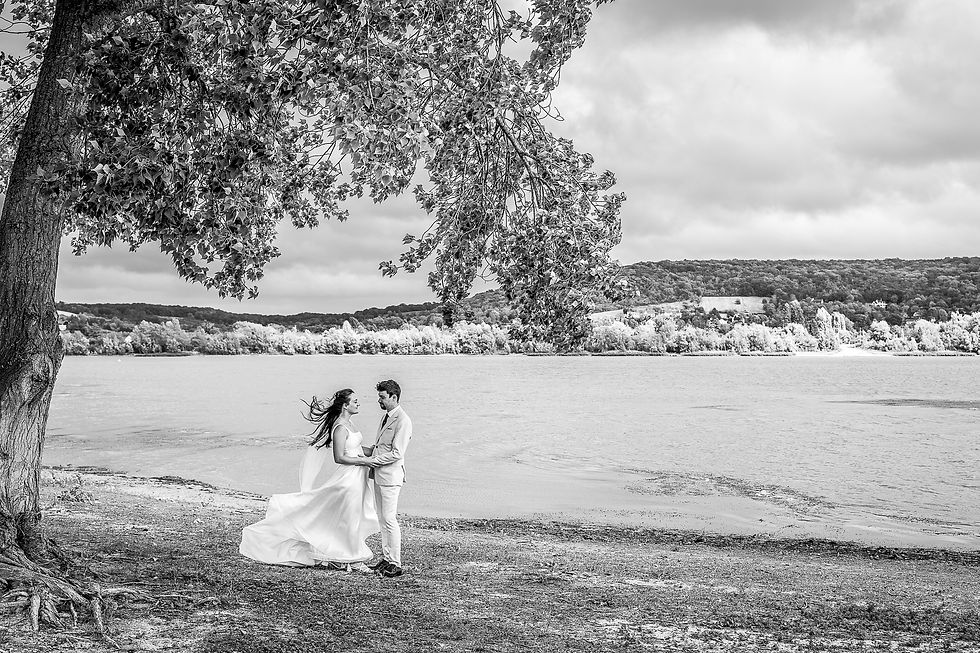 Jeune mariés en blanc se tiennent au bord d’un lac, sous un grand arbre, dans un paysage noir et blanc.