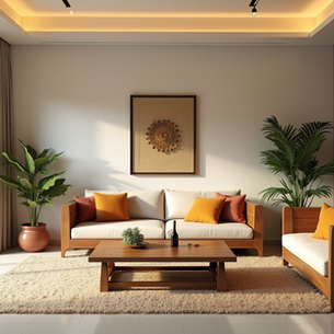 Modern Kerala living room designed by an interior designer in Kerala, featuring wooden paneling, warm lighting, large windows, and a blend of contemporary and traditional elements.
