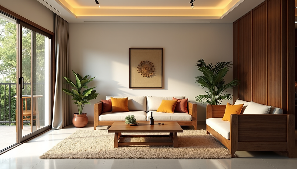 Modern Kerala living room designed by an interior designer in Kerala, featuring wooden paneling, warm lighting, large windows, and a blend of contemporary and traditional elements.