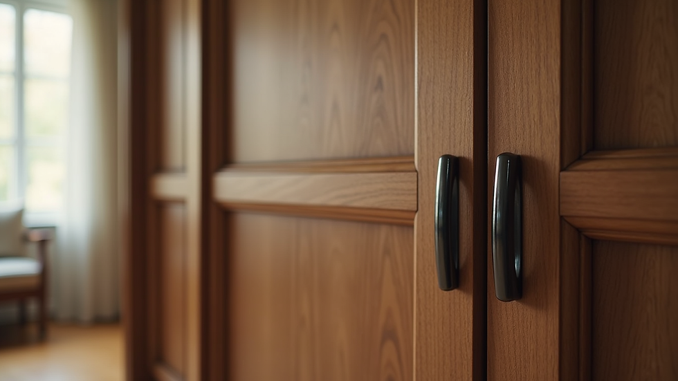 Close-up view of a hinged wardrobe door with classic wooden finish