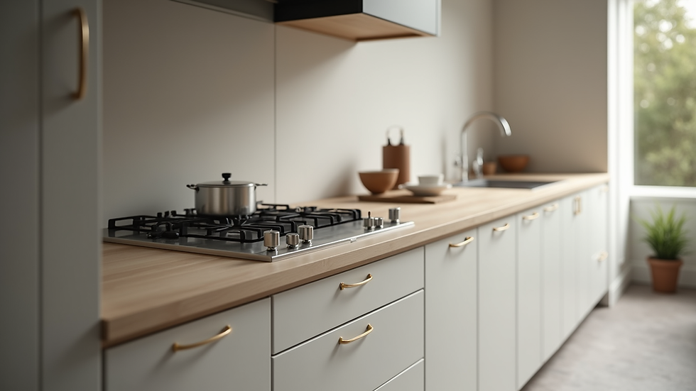 Close-up view of a modular kitchen countertop with built-in stove and storage drawers