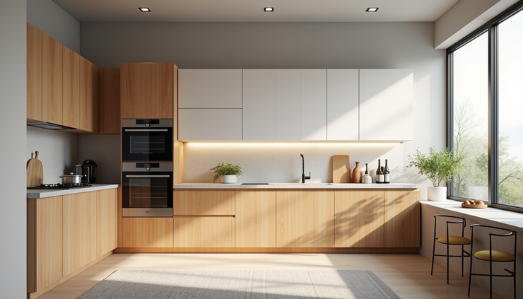 Eye-level view of a modern modular kitchen in Kottayam with warm wood and white cabinets
