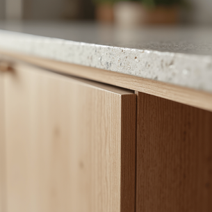 Close-up view of edge banding finish on modular kitchen cabinets highlighting durability and moisture-resistant furniture design in Kerala homes.