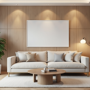 Modern living room interior with WPC wall paneling, wooden texture finish, TV unit setup, indoor plant, and ambient lighting