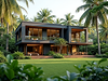 A-modern-Kerala-home-showcasing-sustainable-materials-with-large-windows-and-lush-greenery