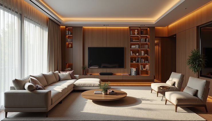 Eye-level view of a spacious living room with bespoke furniture and tailored lighting