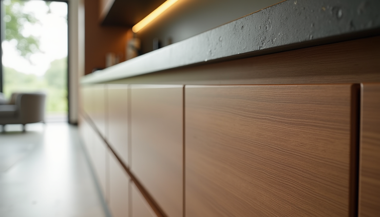 Close-up view of edge banding on modular kitchen cabinet in Kerala home