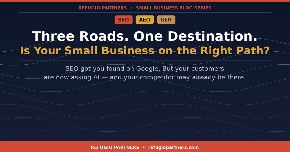 Refugio Partners Small Business Blog - SEO alone no longer gets small businesses found. Learn the difference between SEO, AEO, and GEO.