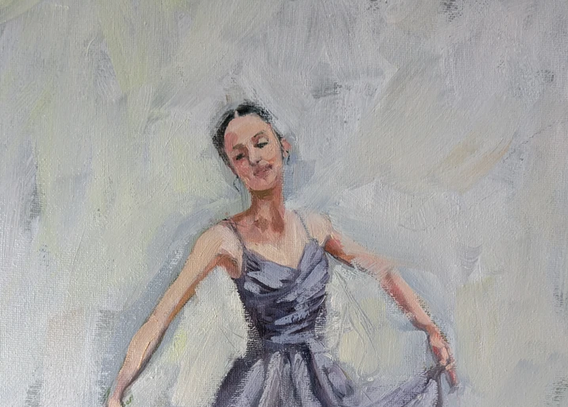 Art for sale, Portrait of Beautiful young Ballet dancer, lilac dress, curtseying. Figurative art