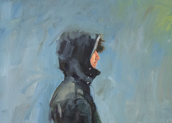 Portrait of teenage boy, hood up, curly hair, side profile, painterly, blue