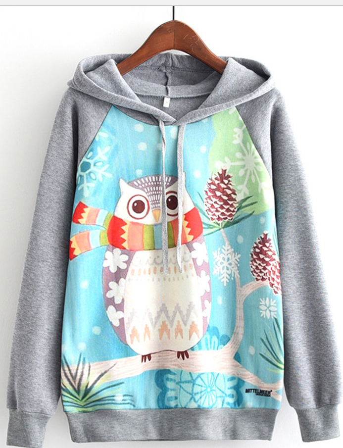 ภาพขนาดย่อ: Casual Hooded Print Patchwork Hooded Long Sleeve Women Hoodies