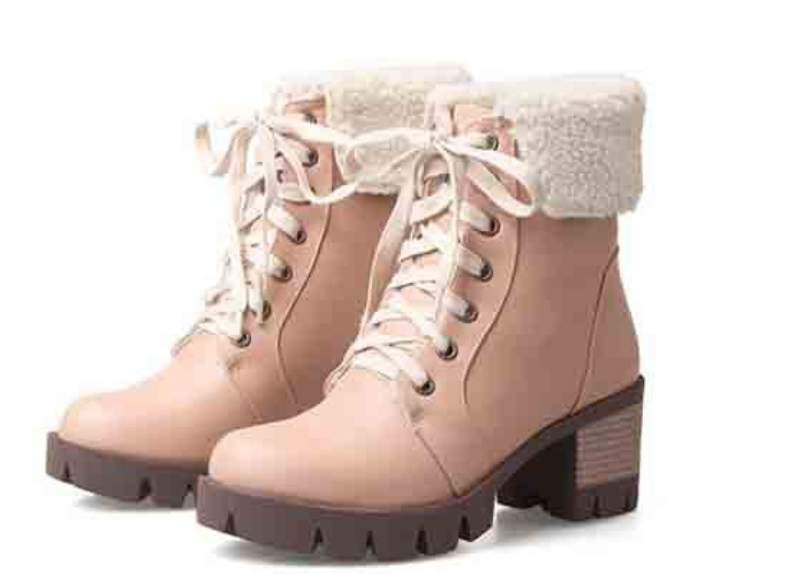 Square Heel Lace Up Pure Colour Fur