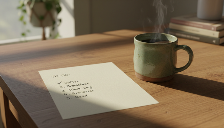 Close-up view of a handwritten checklist beside a mug on a kitchen table.