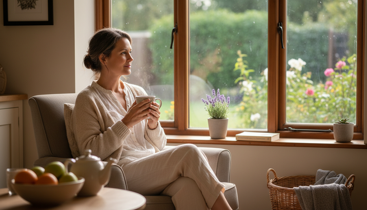 Eye-level view of a woman sitting calmly by a sunny window with a cup of tea.