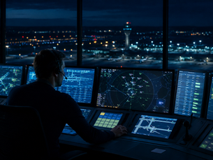 Air traffic controller managing aircraft at night, representing commercial judgement and decision making.