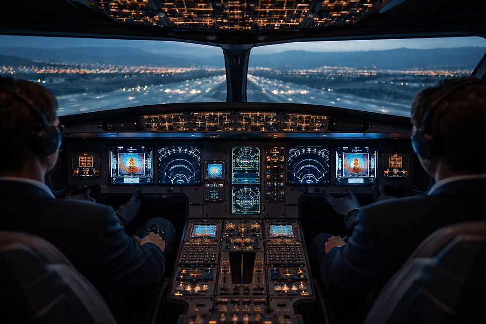 Cockpit of a flight simulator illustrating experiential learning, decision making and commercial business simulation training.