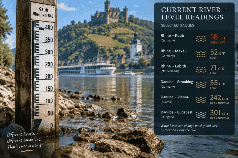 River gauge by low Rhine water in Kaub, with castle hillside and boat; infographic lists current river levels, many low.