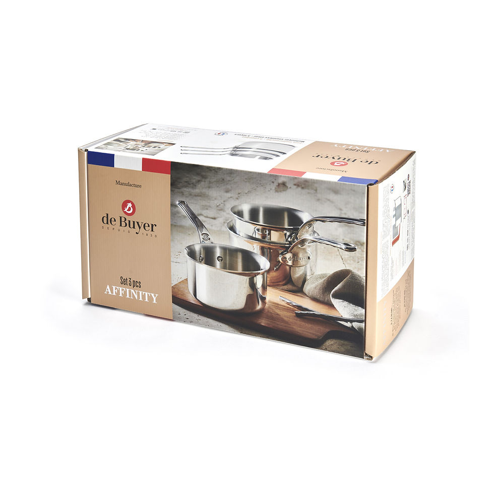 Miniaturbild: Verkausfverpackung, Karton beige mit Fotos vom 3er Set de Buyer Stielkasserollen