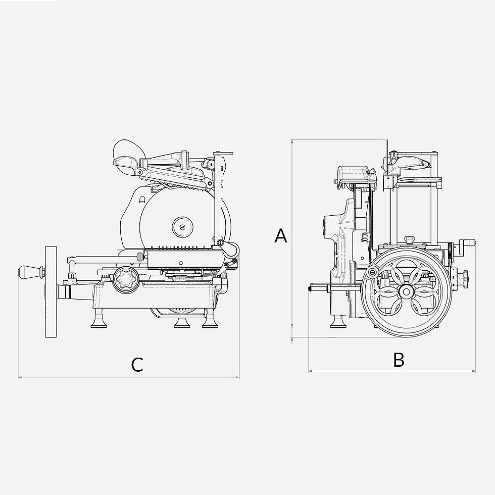 Miniaturbild: Technische Zeichnung der Berkel Schwungradmaschine mit Seiten- und Vorderansicht, zeigt Maße A, B und C