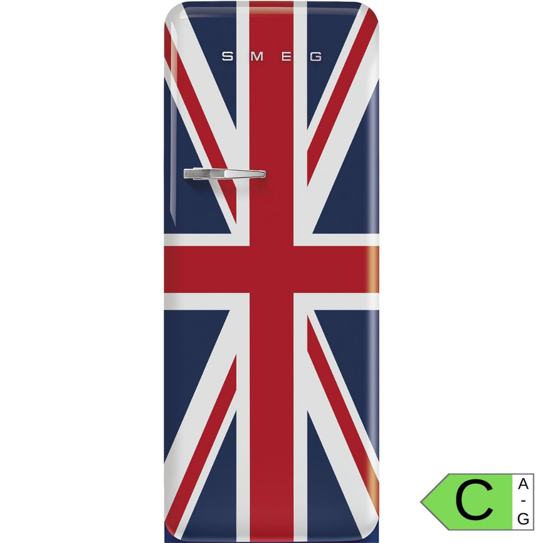 Kühlschrank der Marke SMEG mit Union-Jack-Flagge in Rot, Weiß und Blau auf der Tür, silberner Griff mittig links.