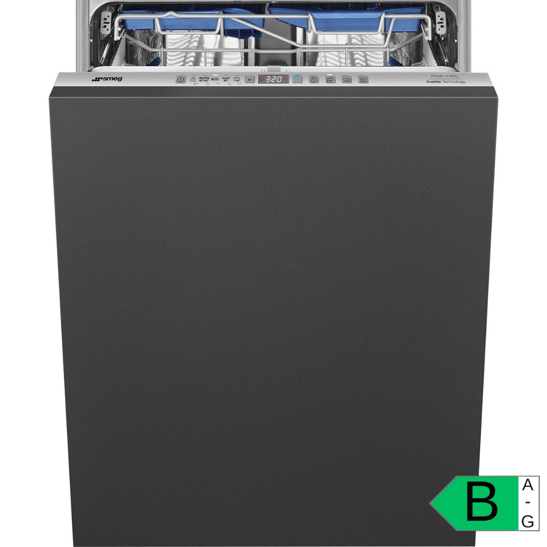 Vollintegrierbarer SMEG STL323BQLDE Geschirrspüler mit schwarzer Front und offenem oberen Korb, Bedienfeld mit Display und Ta