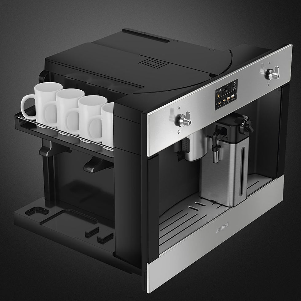 Miniaturbild: Smeg CMS4303X Kaffeevollautomat Classici in Edelstahl und Schwarz mit vier weißen Tassen auf der Abstellfläche und integriert
