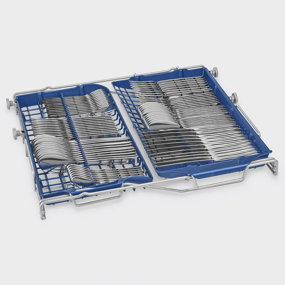Miniaturbild: Vollintegrierbarer Besteckkorb des SMEG STL323BQLDE Geschirrspülers mit Besteck in zwei blauen Einsätzen, darunter Gabeln, Me