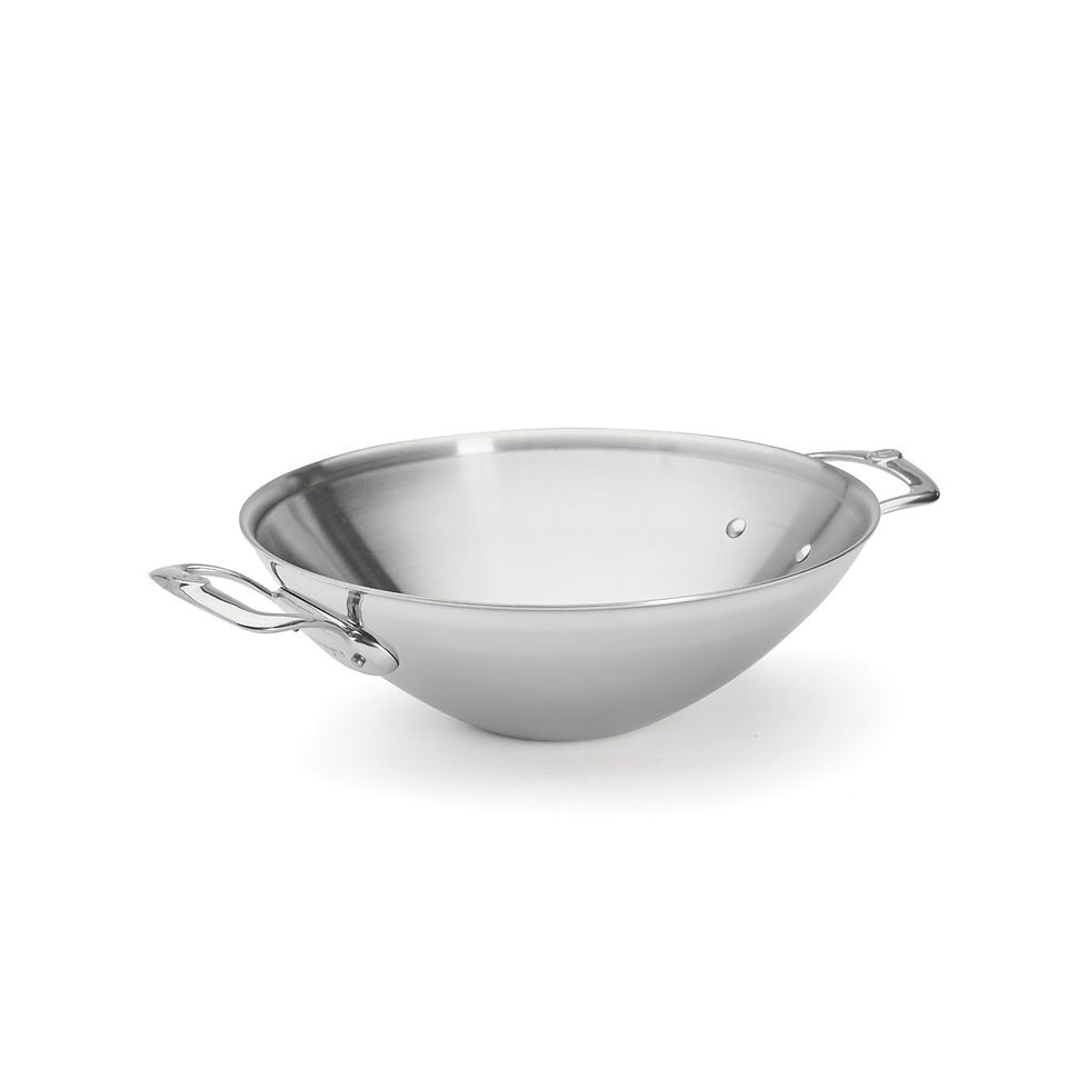 Miniaturbild: Edelstahl Wok, hochglänzend mit seitlich zwei Griffen ebenfalls aus Edelstahl, ohne Deckel.