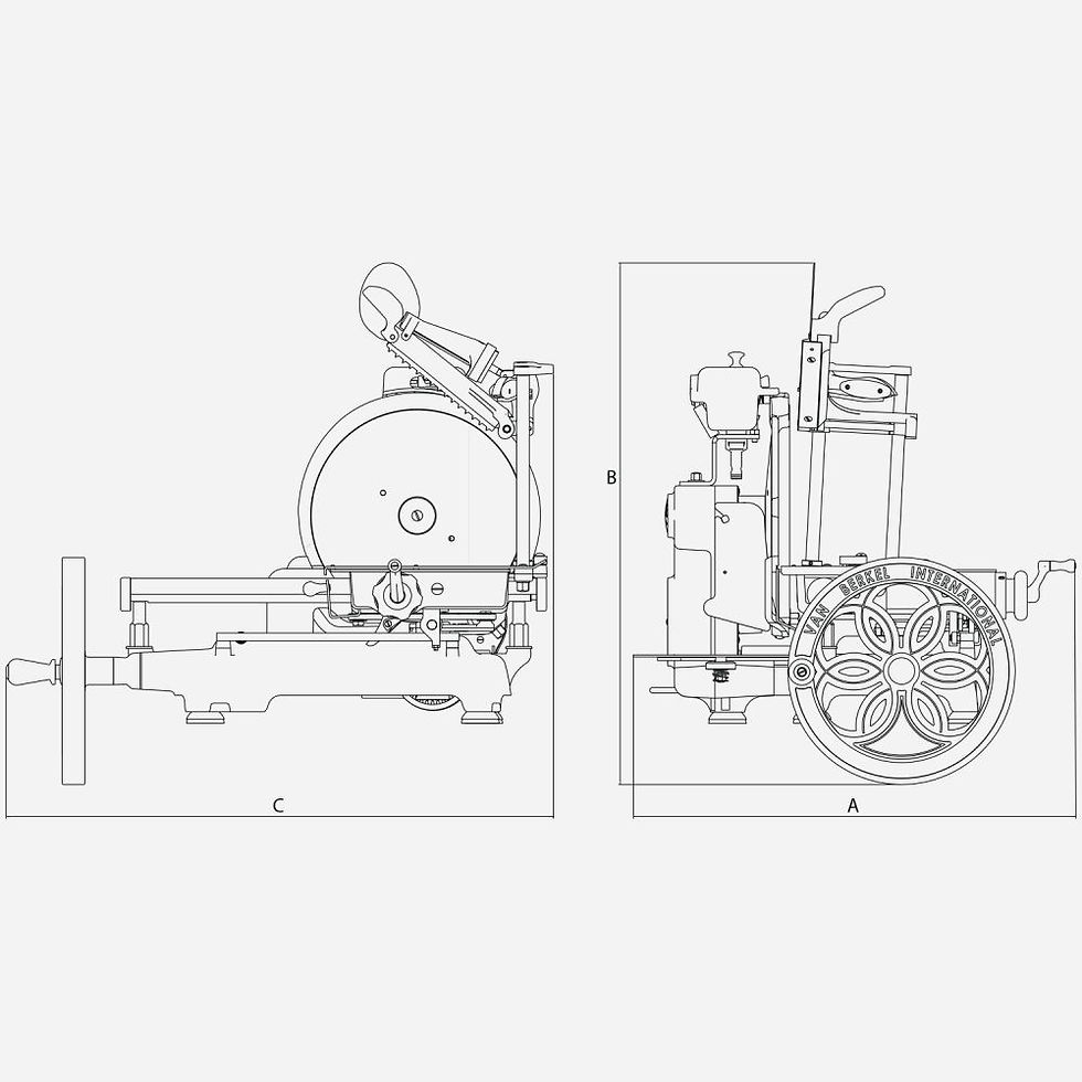 Miniaturbild: Technische Zeichnung der Berkel Schwungradmaschine mit Seiten- und Vorderansicht, zeigt Schwungrad und  Schneidemechanismus
