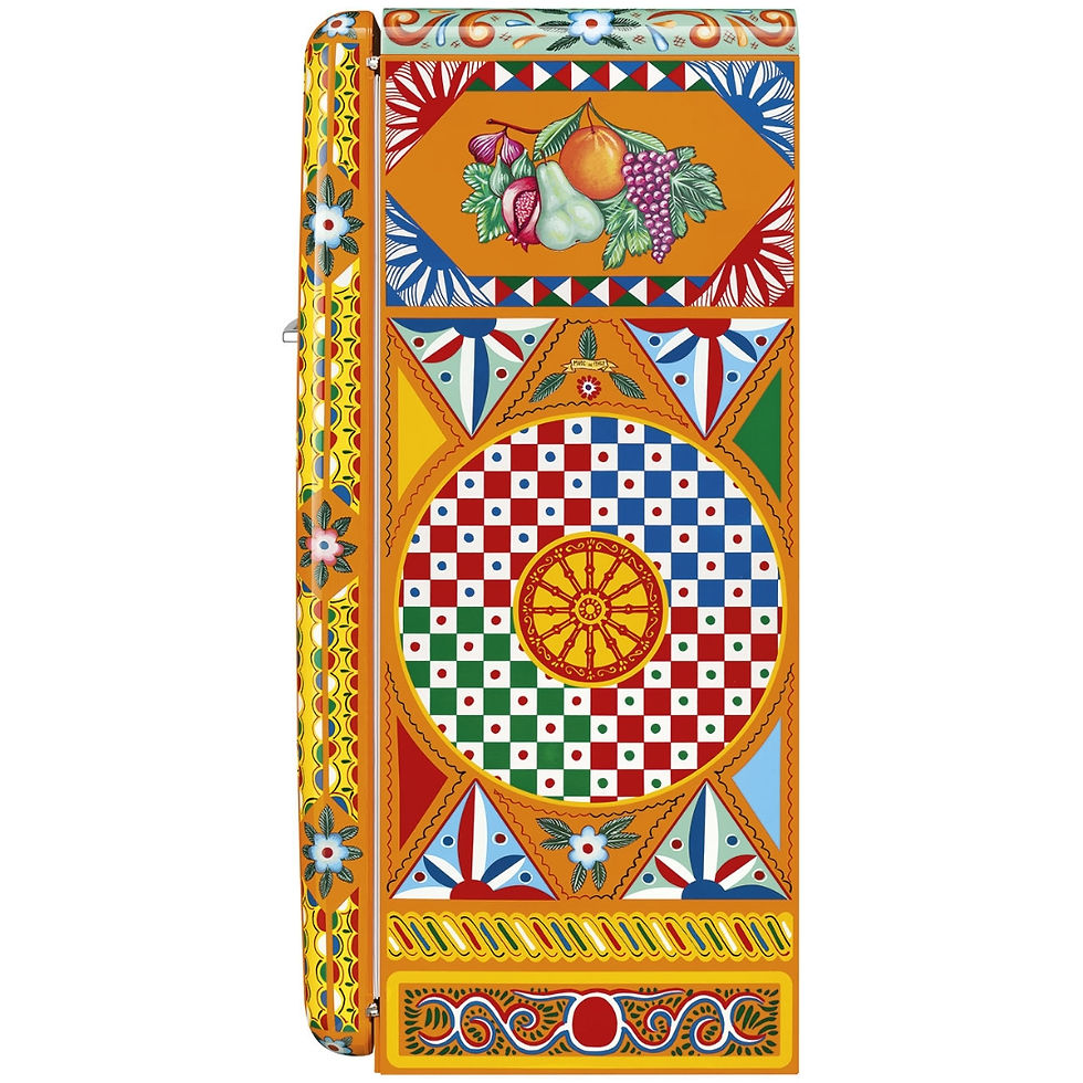 Miniaturbild: SMEG FAB28RDGC5 Kühlschrank mit bunter, floraler und geometrischer Verzierung Dolce & Gabbana Carretto Collection, Seitenansi