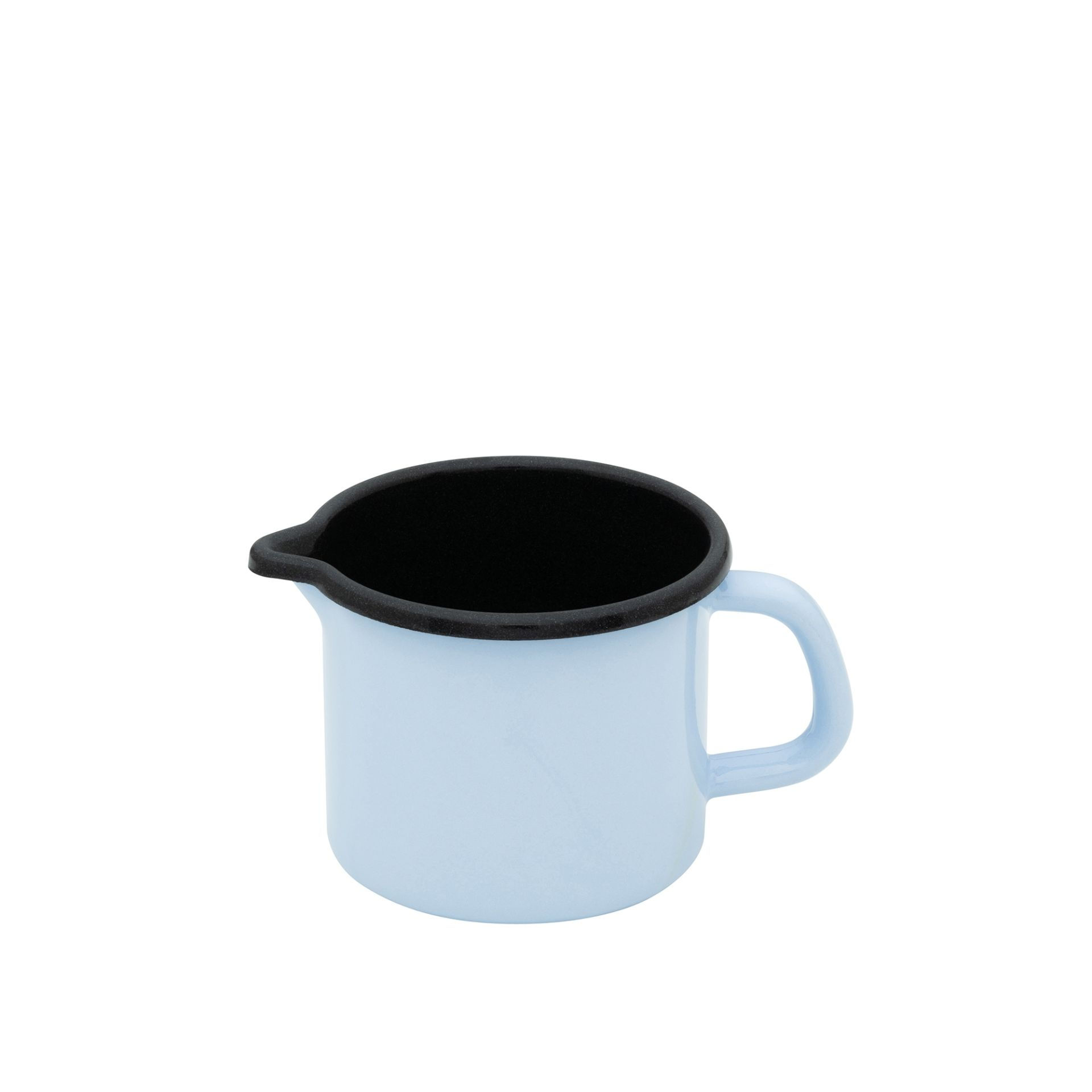 kleiner Schnabeltopf, innen schwarz außen hellblau mit Henkel, von der marke Riess